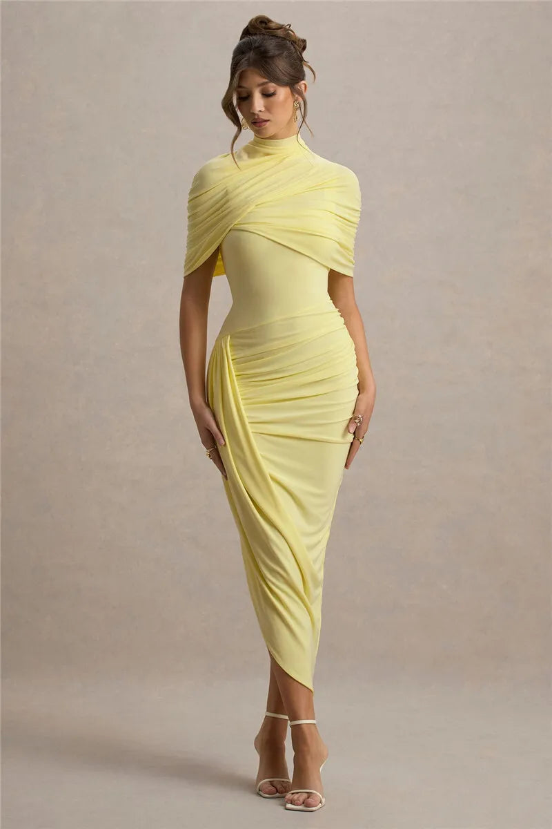 Mozision Half Sleeve Backless Ruched Sexy Maxi Dress Women Summer New Turtleneck Slim High Waist Evening Club Party Long Dress