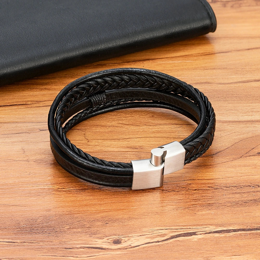 Mens Leather Bracelet Magnetic Buckle Multilayer Bangles - Smarsty