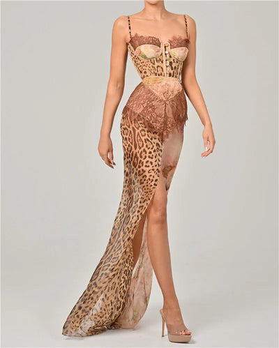 Mozision Leopard Print Lace Split Sexy Maxi Dress Women Gown Elegant Patchwork Chiffon Sleeveless Backless Beach Evening Dress - Smarsty