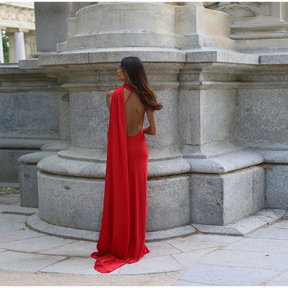 Elegant Women's Ribbon Long Satin Party Dress Halter Backless Sleeveless Female Dresses 2025 Summer Lady Solid Evening Gowns