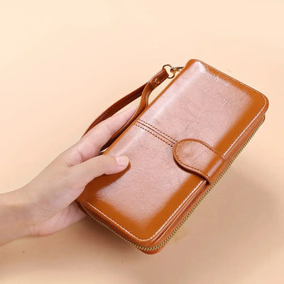 Women's Vintage Oil Wax PU Leather Clutch Wallet Female Large Capacity Phone Purse Ladies Wristband Simple Card Holder Pouch Bag - Smarsty