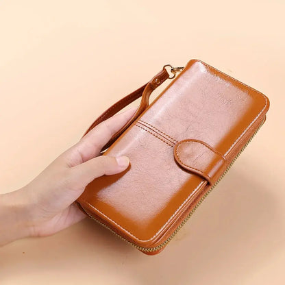 Women's Vintage Oil Wax PU Leather Clutch Wallet Female Large Capacity Phone Purse Ladies Wristband Simple Card Holder Pouch Bag - Smarsty