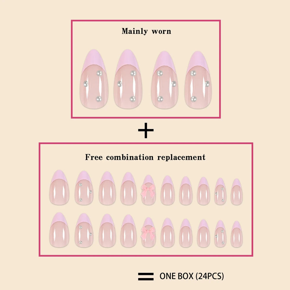 French Water Droplet Fake Nails Set with Pearl Bows - Smarsty