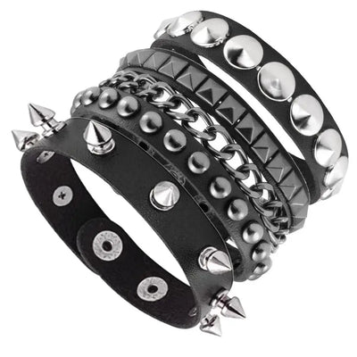 Black Goth Leather Bracelets Set with Rivet Spikes - Smarsty