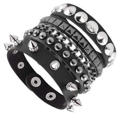 Black Goth Leather Bracelets Set with Rivet Spikes - Smarsty