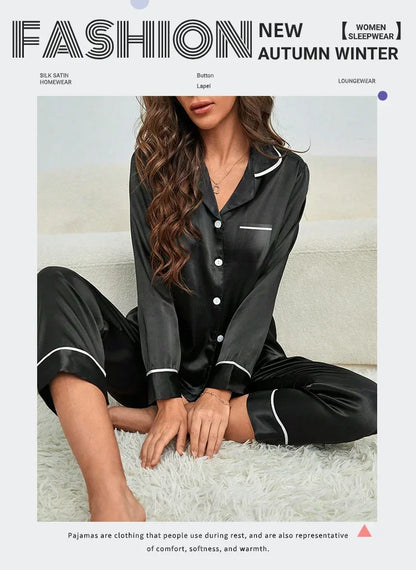 Plus Size Autumn and Winter Silk Pajamas Women Tops and Pants Solid Casual Soft Nightwear Buttons Cardigan Sleepwear Homewear - Smarsty