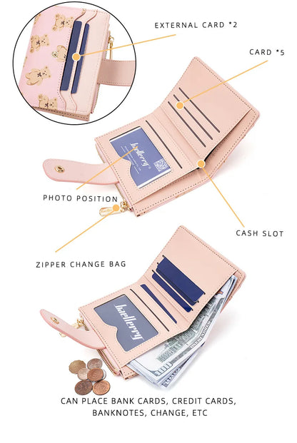 Women Short Wallets PU Leather Female Bifold Purses Cute Bear Card Holder Wallet for Girl Small Zipper Wallet with Coin Purse - Smarsty