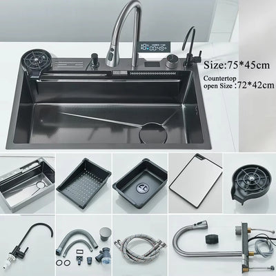 Large Stainless Steel Kitchen Sink with Digital Faucet Display - Smarsty