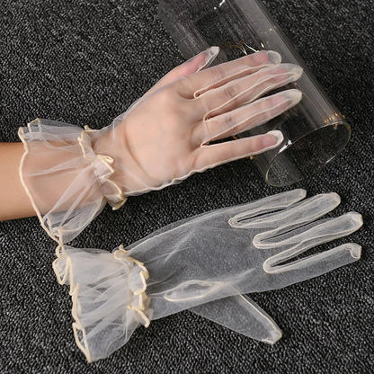Women Lace Tulle Gloves Stretchy Full Finger Wedding Gloves - Smarsty