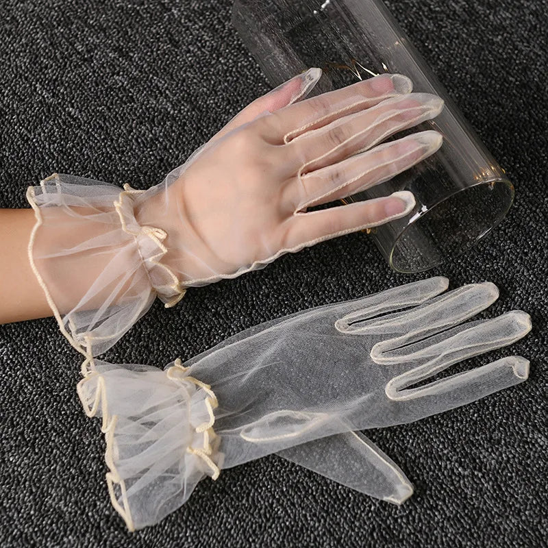 Women Lace Tulle Gloves Stretchy Full Finger Wedding Gloves - Smarsty