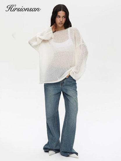 Hirsionsan Elegant Sweater Women 2024 Summer Autumn Casual Fashion Loose Women Pullovers Chic Pink White Jumper Sueter Mujer - Smarsty