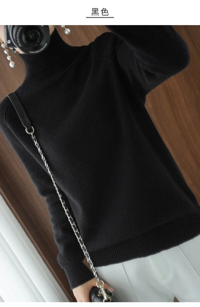 Fashion Basic Autumn Winter  Merino Wool Sweater Mock Neck Cashmere Pullover  Solid Color Soft Long Sleeve Clothing Tops - Smarsty