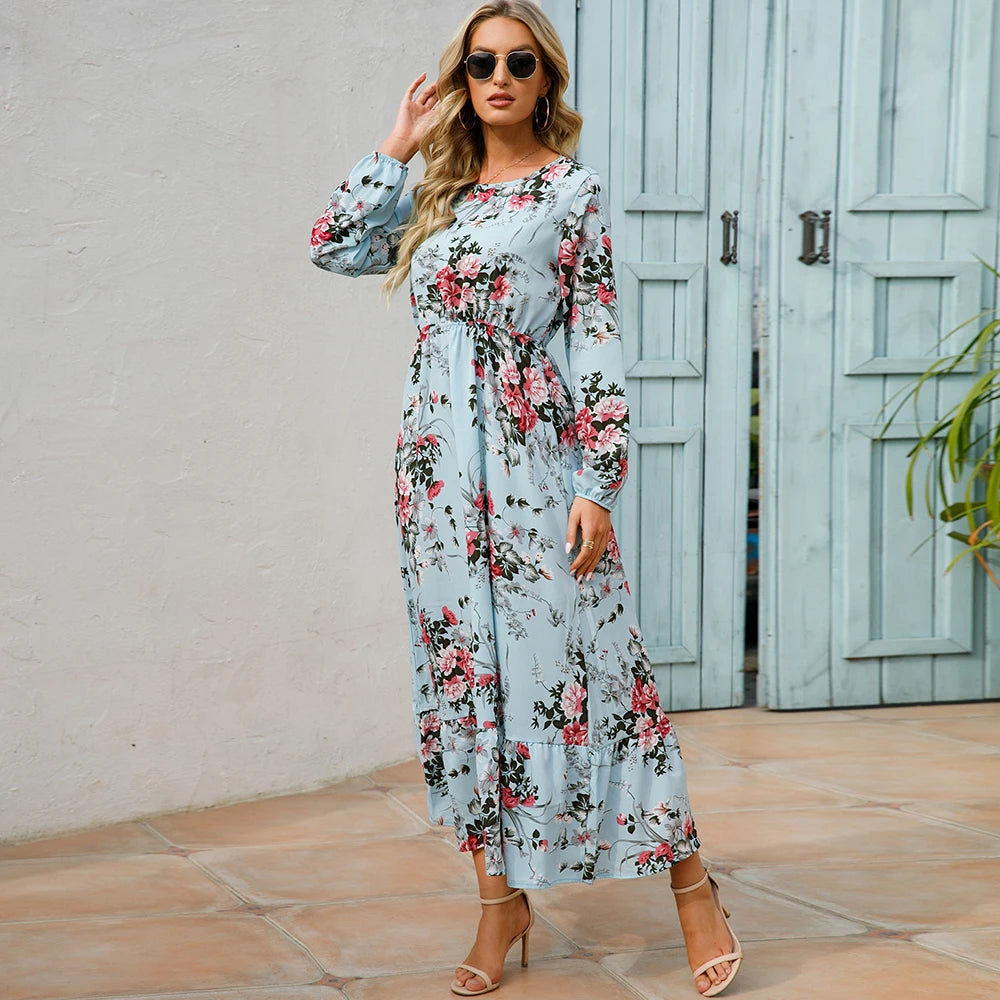 2023 Sping Summer Bohemian Women Maxi Dress Casual Long Sleeve High Waist Beach Woman Chiffon Dresses Floral Vestidoes Mujer New - Smarsty