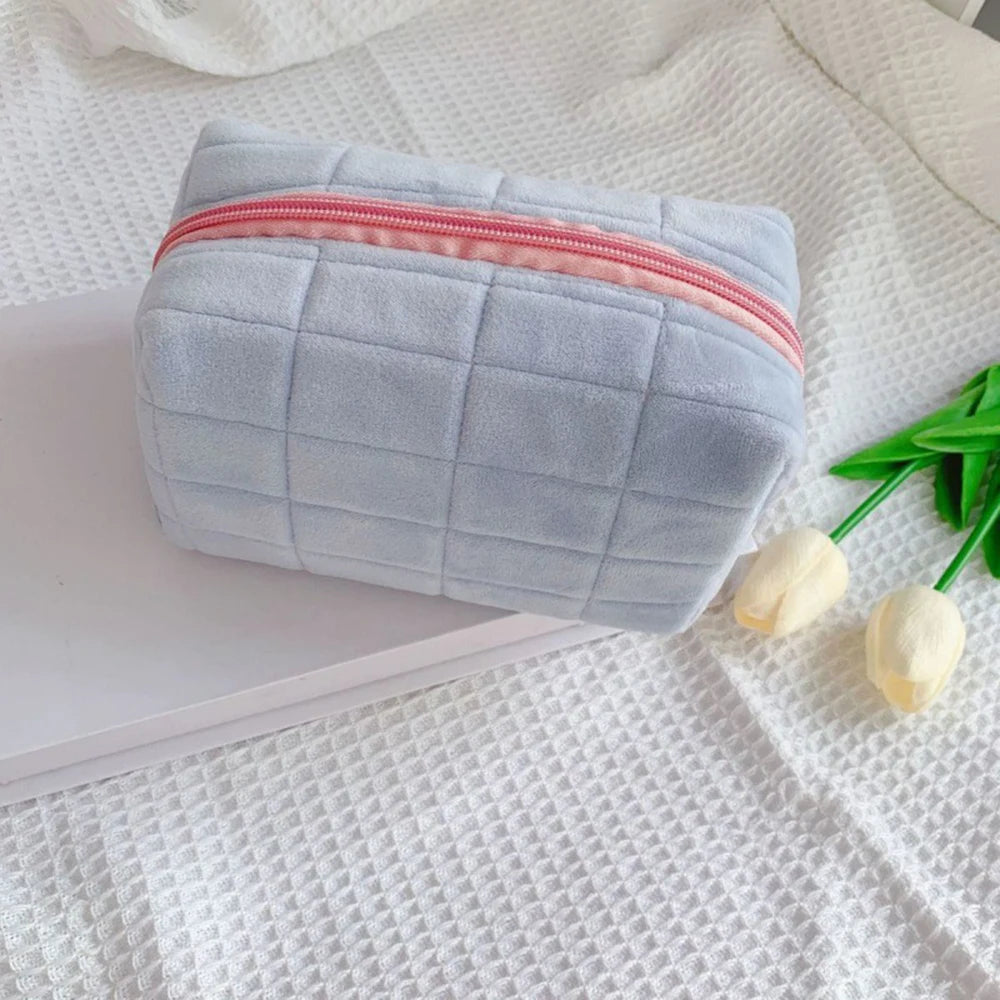 Cute Plush Makeup Bag for Women Portable Travel Small Cosmetic Bags Solid Color Zipper Toiletry Bag Washing Pouch Storage Bags - Smarsty