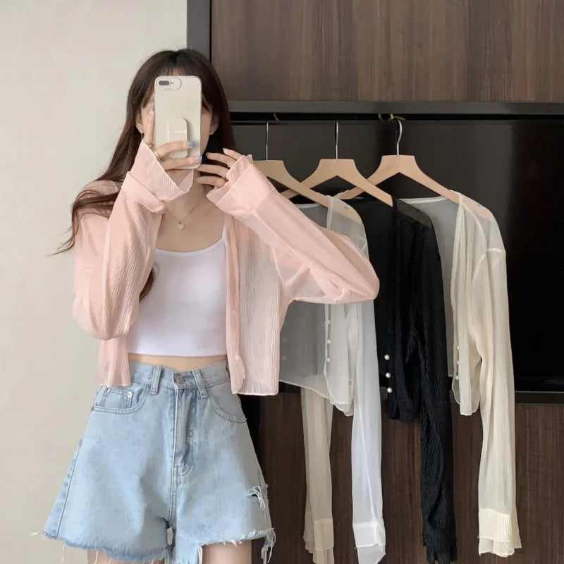 2025 Fairy Style Solid Cardigan Women Summer New Long Sleeve Sunscreen Sweet Beading V-neck Basics Loose Chiffon Cardigan - Smarsty
