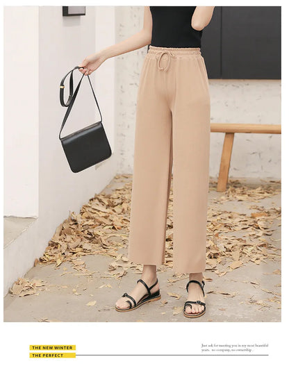 Women Ankle-Length Wide Leg Pants Casual Summer Solid Elastic Waist Loose Ice Silk Pants Spring Summer Female Trousers - Smarsty