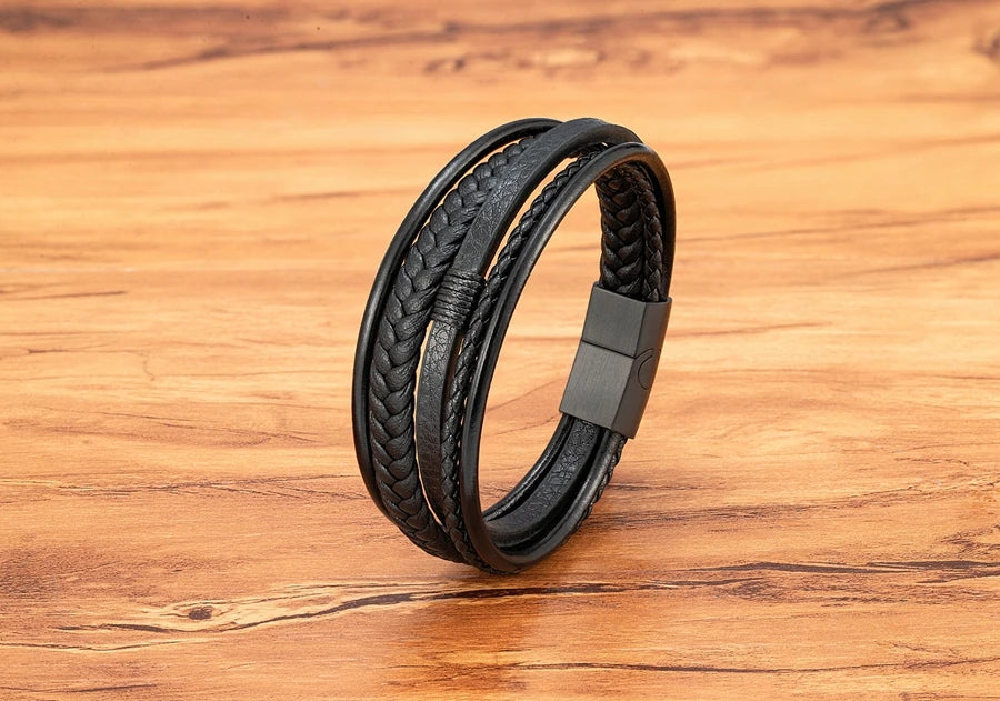 Mens Leather Bracelet Magnetic Buckle Multilayer Bangles - Smarsty