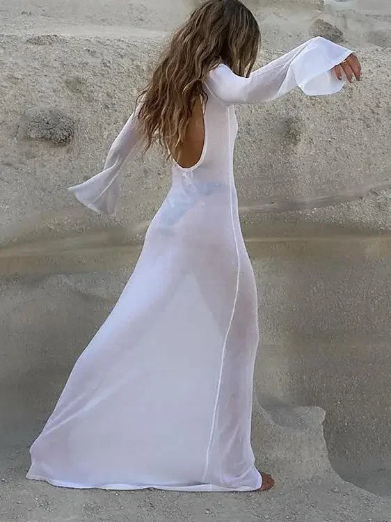 White Backless See-through Long Dress Women's Summer Slim High Waist Spliced Long Sleeve Solid Color Beach Long Dress - Smarsty