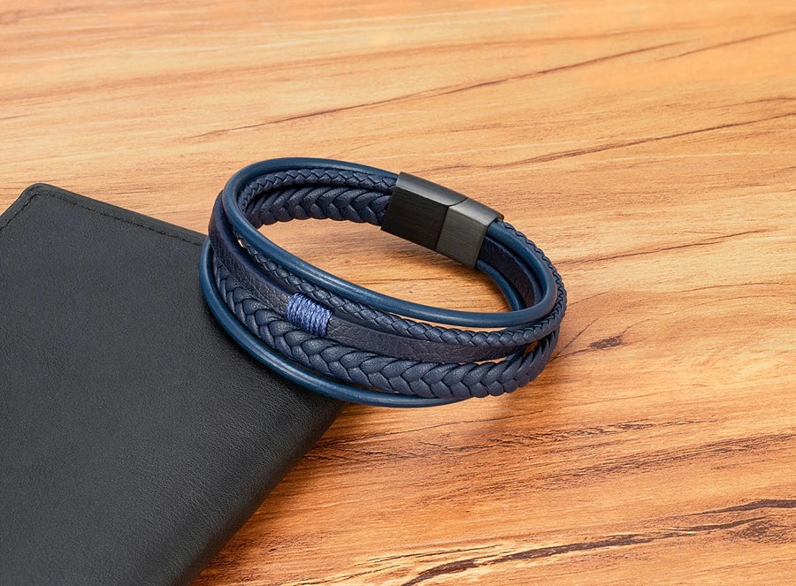 Mens Leather Bracelet Magnetic Buckle Multilayer Bangles - Smarsty