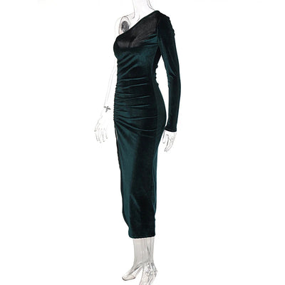 Women Elegant Long Sleeve Party Evening Velvet Bodycon Split Pencil Midi Dress Spring Autumn Clothes - Smarsty