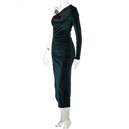 Women Elegant Long Sleeve Party Evening Velvet Bodycon Split Pencil Midi Dress Spring Autumn Clothes - Smarsty