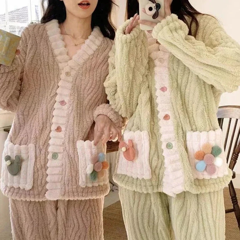 Thickened Warm Flannel Women Sleepwear Loungewear Cardigan Suit Winter Sweet Kawaii Soft Fairy Wind Ladies Pajamas Homewear - Smarsty