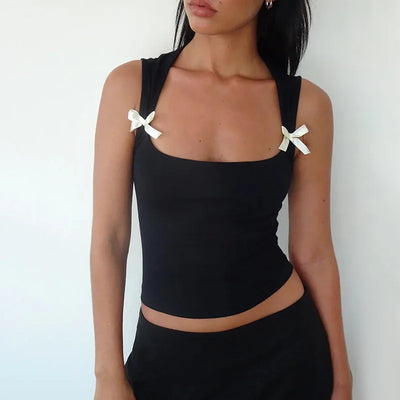 Y2K Women'S Bow Tie-Up Tank Tops Wide Shoulder Straps Bandage Camisole Sexy Low Cut Crop Tops Female Vest Tops - Smarsty
