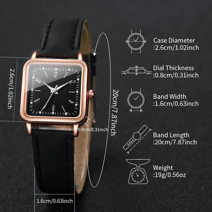 2/4PCS Fashion Square Women's Watch Leather Band Quartz Watches Heart Bracelet Set（Without Box） - Smarsty