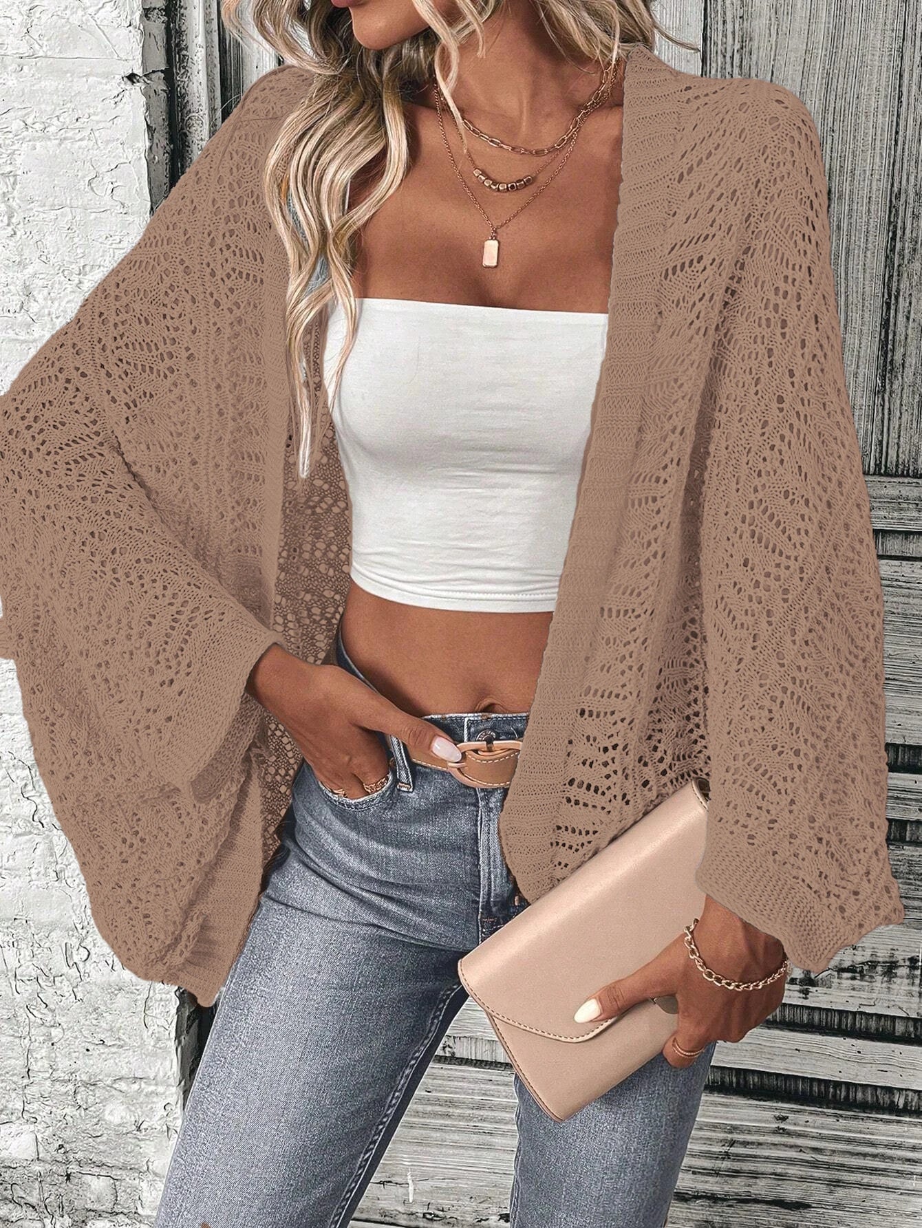 Polyester 100.00% solid color camisole knit cardigan elegant front open bat wing sleeve loose cardigan for women - Smarsty