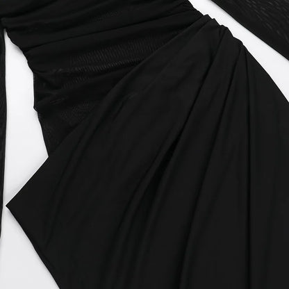 Y2k Summer New Solid Color Long Sleeve Off Shoulder Dresses Sexy Wrap Hip Mesh See Through Ruched Patchwork Long Dress 2024 New - Smarsty