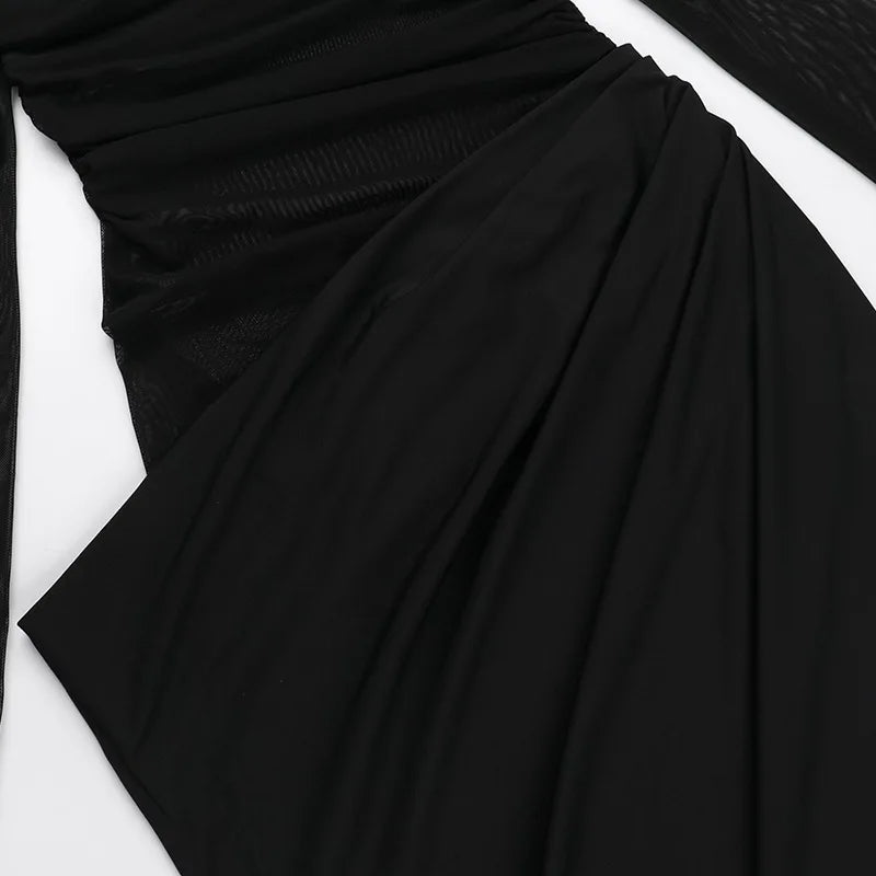 Y2k Summer New Solid Color Long Sleeve Off Shoulder Dresses Sexy Wrap Hip Mesh See Through Ruched Patchwork Long Dress 2024 New - Smarsty