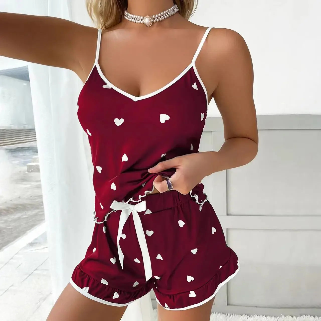 Summer Hot Sale Women's Sleeveless Strap Two-Piece Set Home Sleepwear Soft Drapey Cute Heart Print Sleepwear Ensemble - Smarsty
