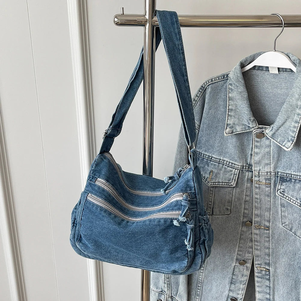 Vintage Denim Shoulder Bag Large Capacity Satchel For Women - Smarsty