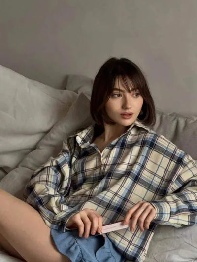 Oversized Plaid Shirt Autumn Winter Women Vintage Long Sleeve Fashion Loose Lapel Pocket Shirt Fit Blouse Korean Style - Smarsty