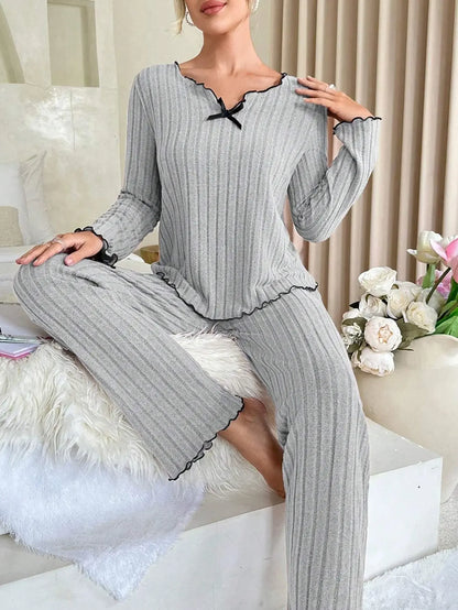 Women Autumn Winter Sleepwear Ribbed Pajamas Set Long Sleeve Top and Long Pants 2 Piece Set Casual Homewear Loungewear - Smarsty