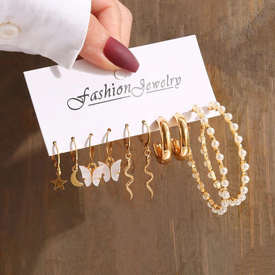 Gold Color Vintage Geometric Pearl Earrings Set For Women - Smarsty