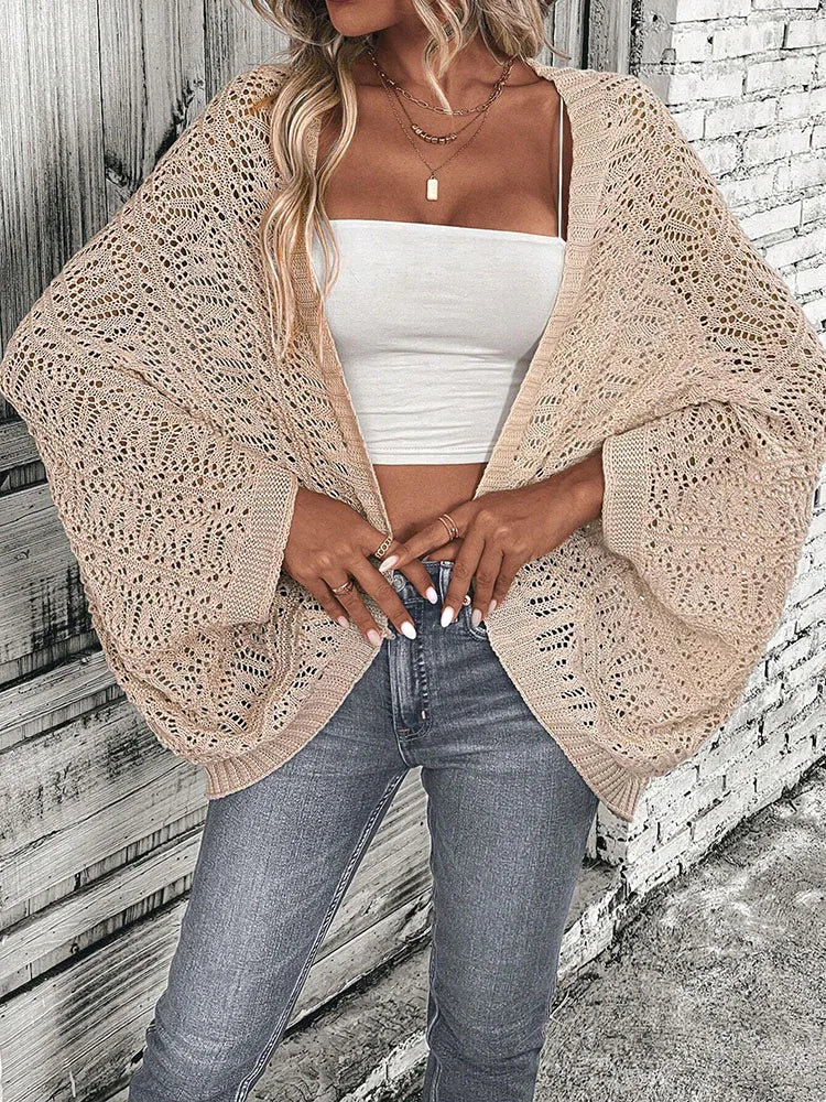 Polyester 100.00% solid color camisole knit cardigan elegant front open bat wing sleeve loose cardigan for women - Smarsty
