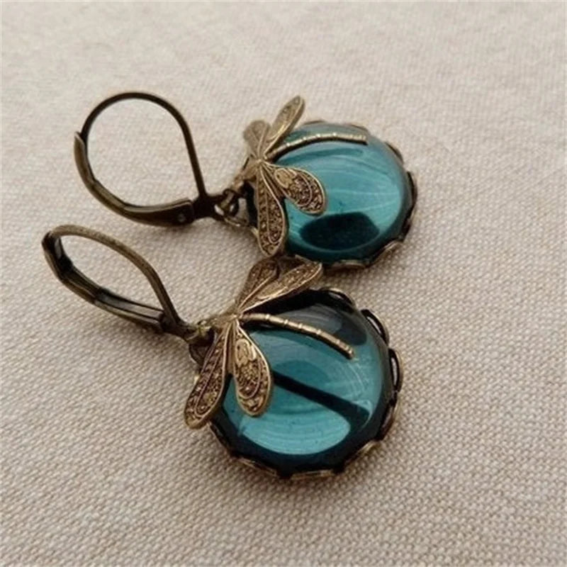 Vintage Bronze Dragonfly Drop Earrings with Moonstone Accent - Smarsty
