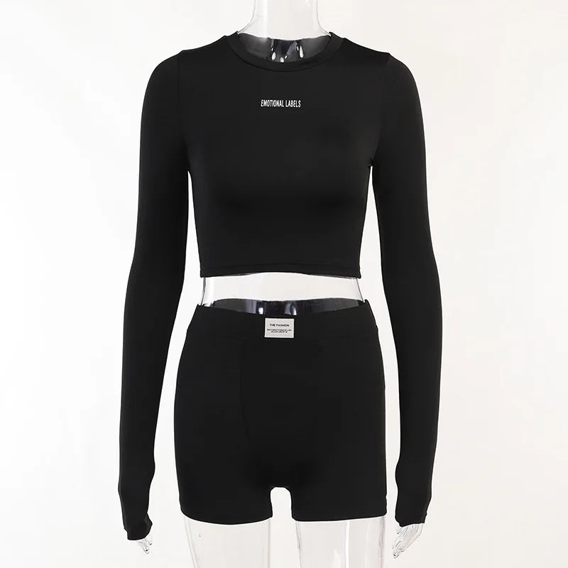 European and American Spring/Summer Round Neck Long Short sleeved 3/4 Shorts Two piece Women's Fashion Sports Versatile Set - Smarsty