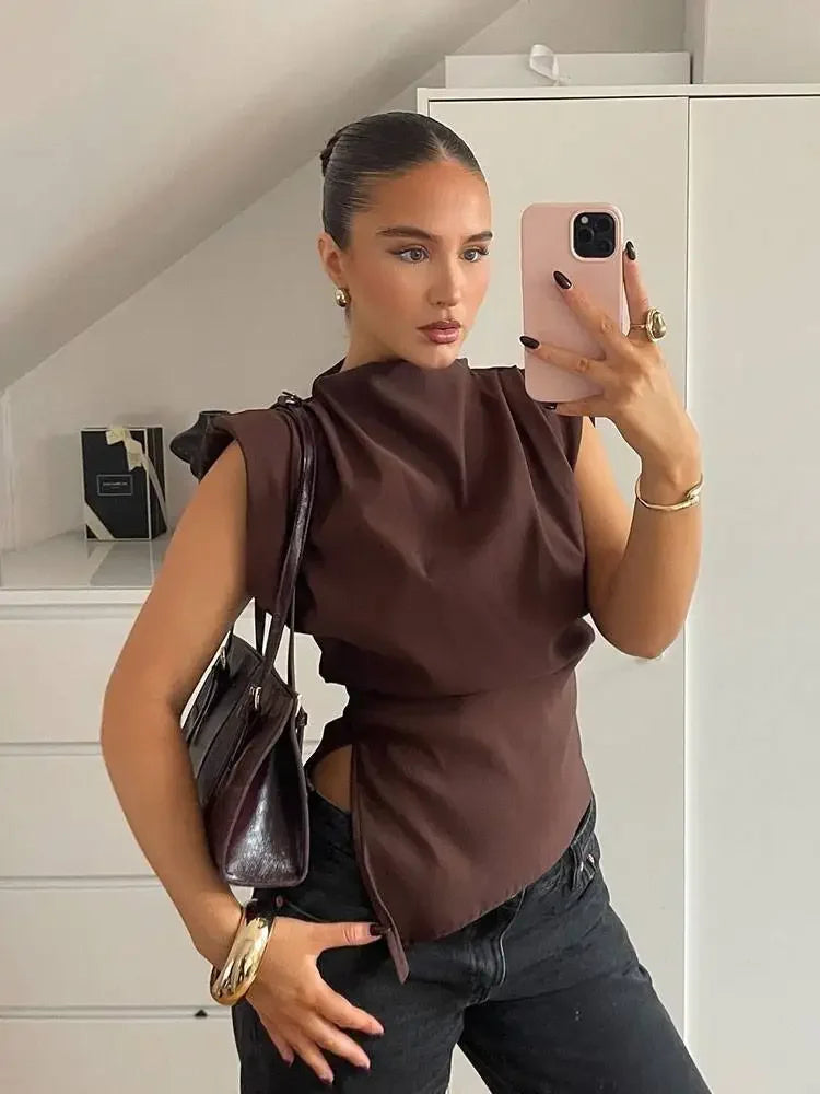 2025 Summer Asymmetric Tank Women Wine Red/Brown/Black Ruched Sleeve Office&Party Tops Breathable Stretchy Slim Fit Streetwear
