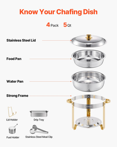 SucceBuy 4 Pack Chafing Dish Buffet Set Stainless Steel Chafer w/4 Full Size Pan Round Catering Warmer Server for Party Banquets - Smarsty