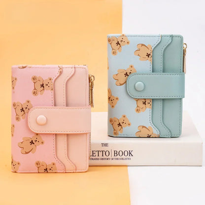 Women Short Wallets PU Leather Female Bifold Purses Cute Bear Card Holder Wallet for Girl Small Zipper Wallet with Coin Purse - Smarsty