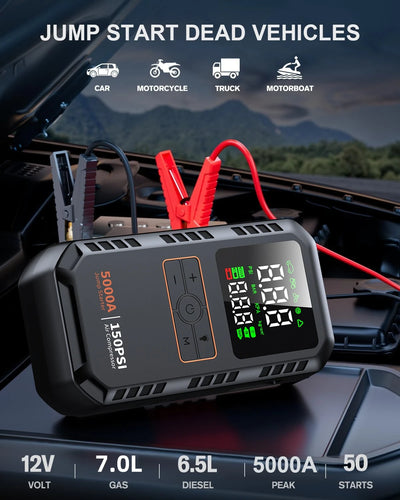 4-IN-1 Car Jump Starter with Air Compressor Peak 5000A Auto Battery Booster 150PSI Air Pump Portable Power Bank Tire Inflator - Smarsty