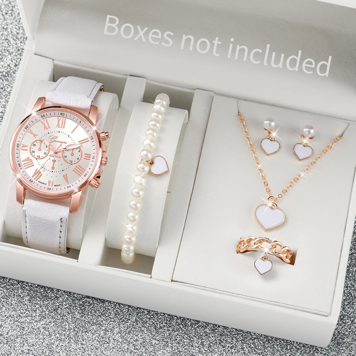 5/6PCS Fashion Women's Quartz Watch Leather Band Analog Wrist Watches Heart Rhinestone Jewelry Set(Without Box) - Smarsty