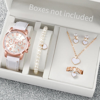 5/6PCS Fashion Women's Quartz Watch Leather Band Analog Wrist Watches Heart Rhinestone Jewelry Set(Without Box) - Smarsty