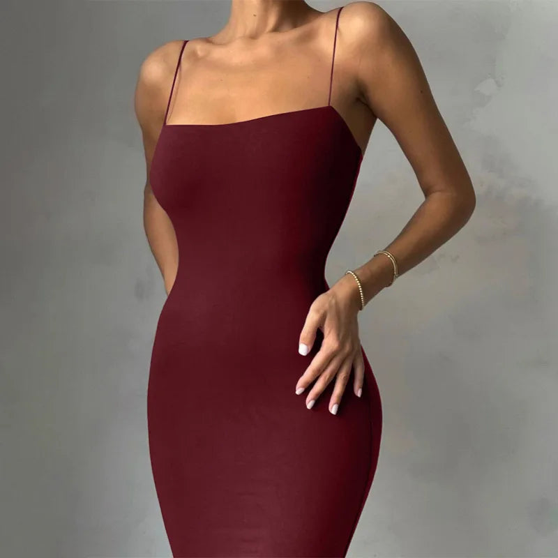 Summer Black Sexy Dress Women Streetwear Sleeveless Backless Solid Spaghetti Strap Bodycon Casual Clubwear Elegant Party Dresses - Smarsty