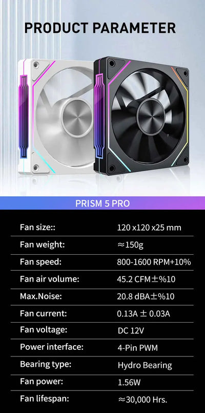 LDPCSJ OEM PRISM 5 PRO Computer Chassis Fan 12cm ARGB 4 Pin PWM Quiet Cooling Fan 12V Large Air Volume 45.2CFM/800-1600RPM