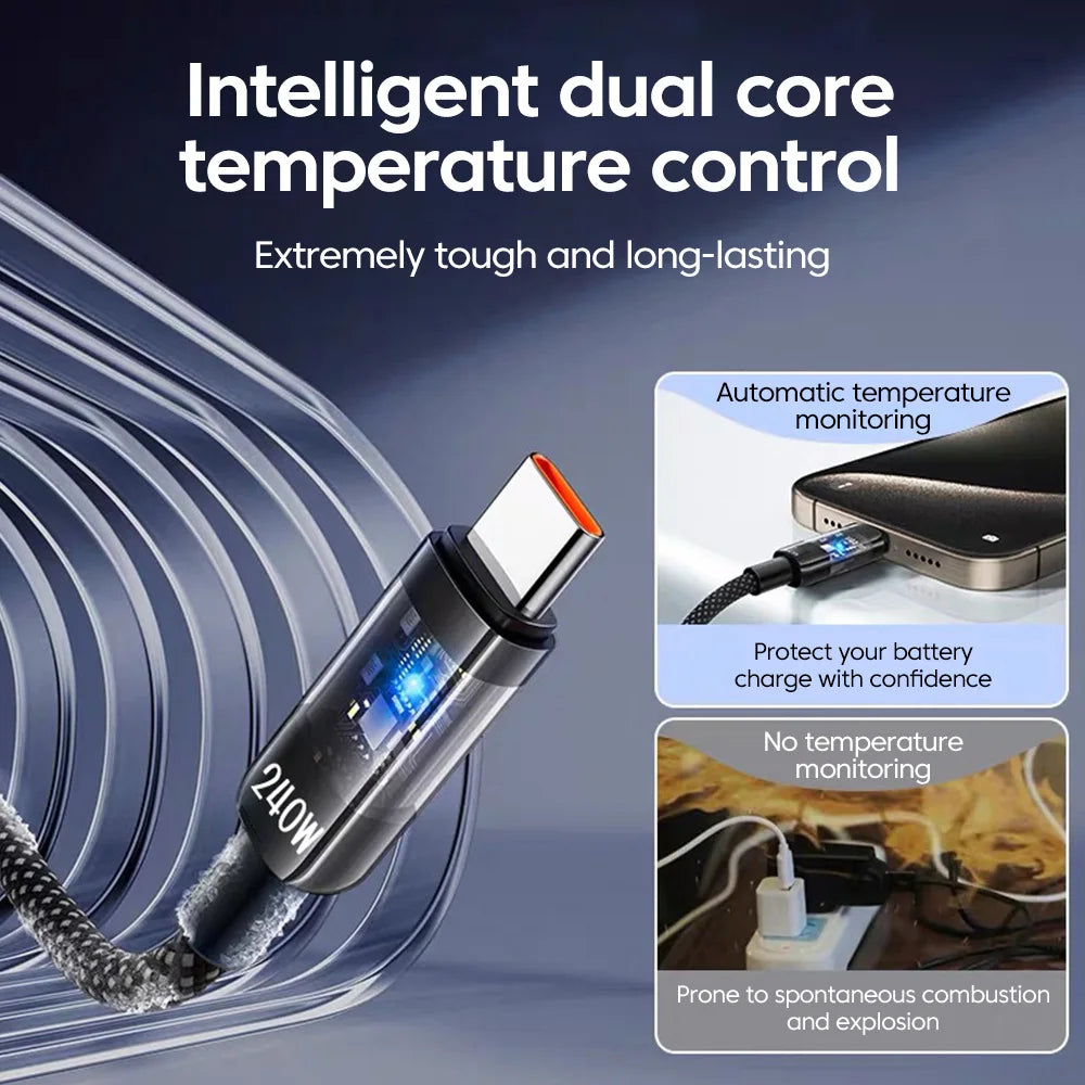 NNBILI USB C Quick Charging Cable 240W Nylon Braided Transparent Type C High-speed Charger Wire for Samsung Huawei Mi Data Line - Smarsty