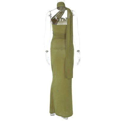 Hugcitar Halter Solid Sleeveless Backless Ruched Sexy Bodycon Maxi Prom Dress Summer Women Elegant Outfit Evening Party Birthday
