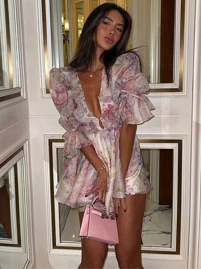 Women Mesh Patchwork Flower Print Mini Dress Elegant V-neck Short Sleeve High Waist A-line Dresses 2025 New High Street Vestidos - Smarsty